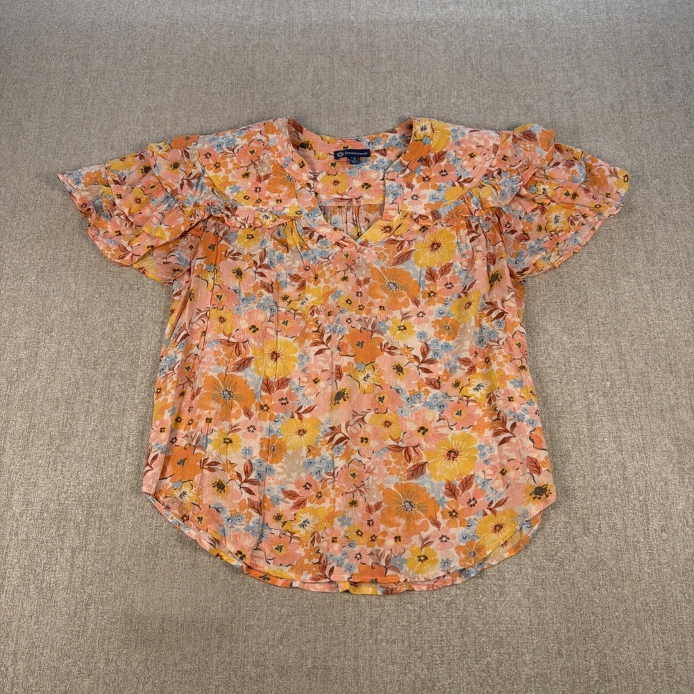 Democracy Floral Ruffle Top Short Sleeve Blouse Women's S Cottage Shabby Chic